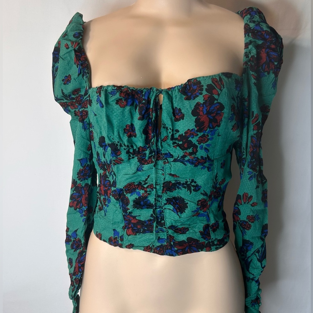 NWT Free People Hilary Printed Top  Long Sleeve Blouse  Green Combo. Size S